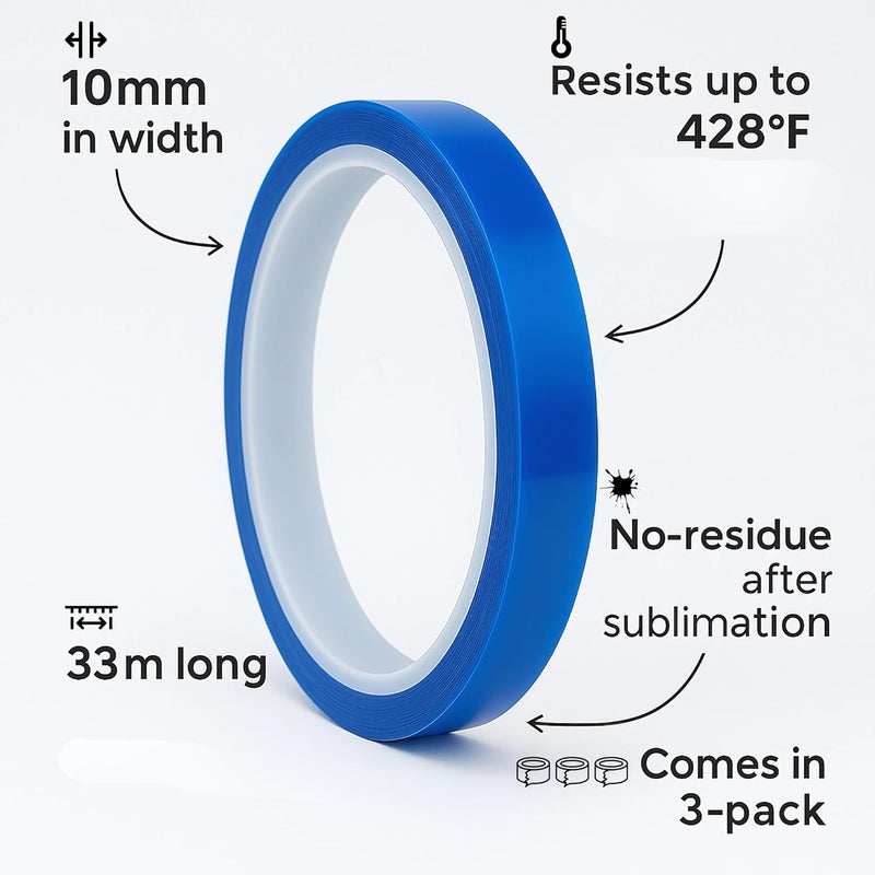 echomerx 10mm x 33m (108 ft) Blue Heat Resistant Tape - 3" Core | No Residue Heat Transfer Tape for Sublimation & Crafts | Ideal for Heat Press - 3-Pack - Image 2